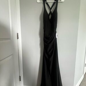 Black Formal Satin Open Back Prom Dress
